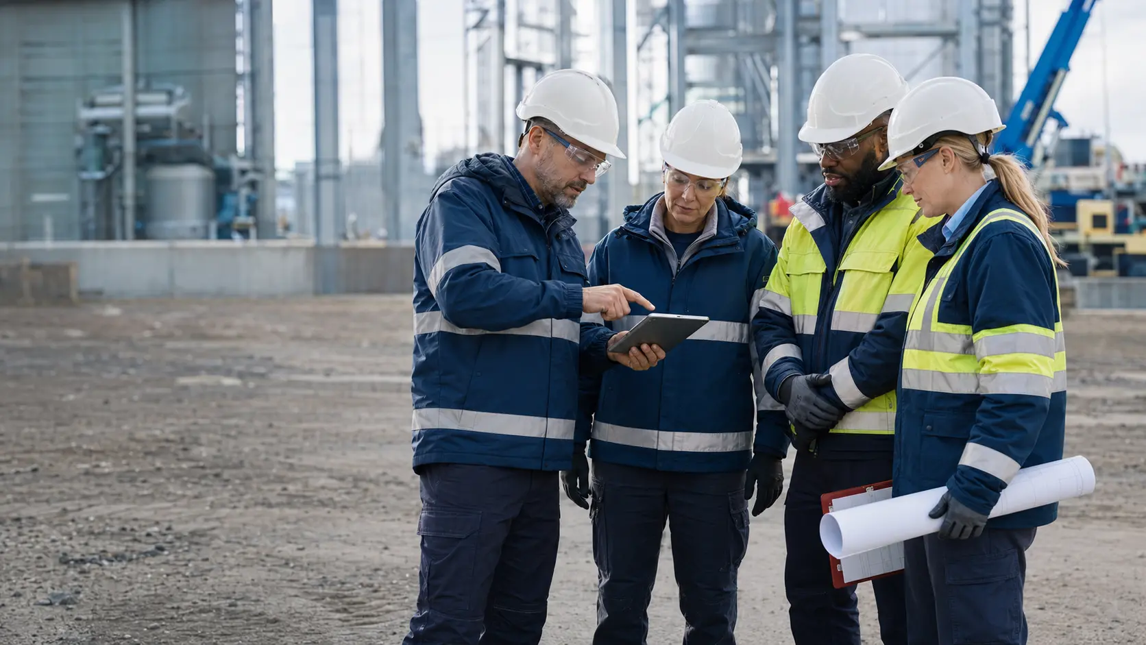 Contractor professionals reviewing a field plan together at an industrial jobsite